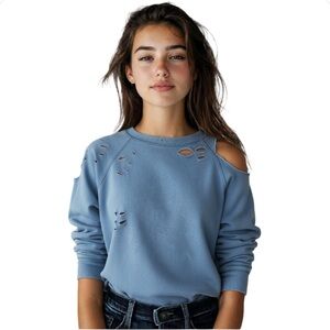 Aerie Blue Distressed Cut Up Oversized Crew Neck Sweatshirt